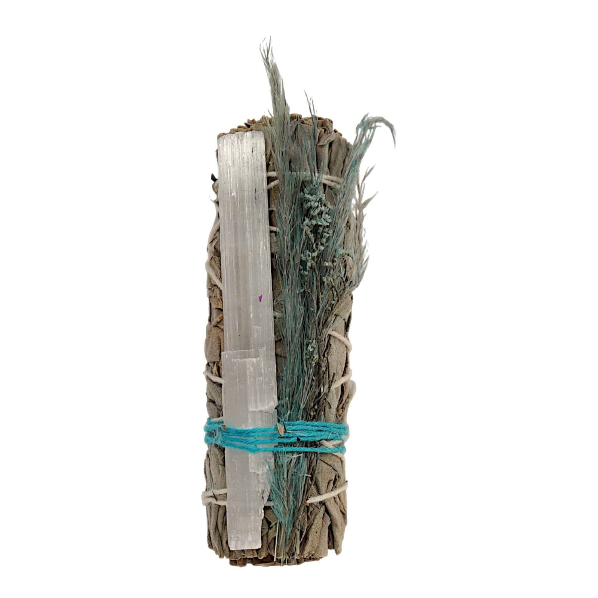 White Sage, Selenite & Blue Floral Smudge Bundle (4")